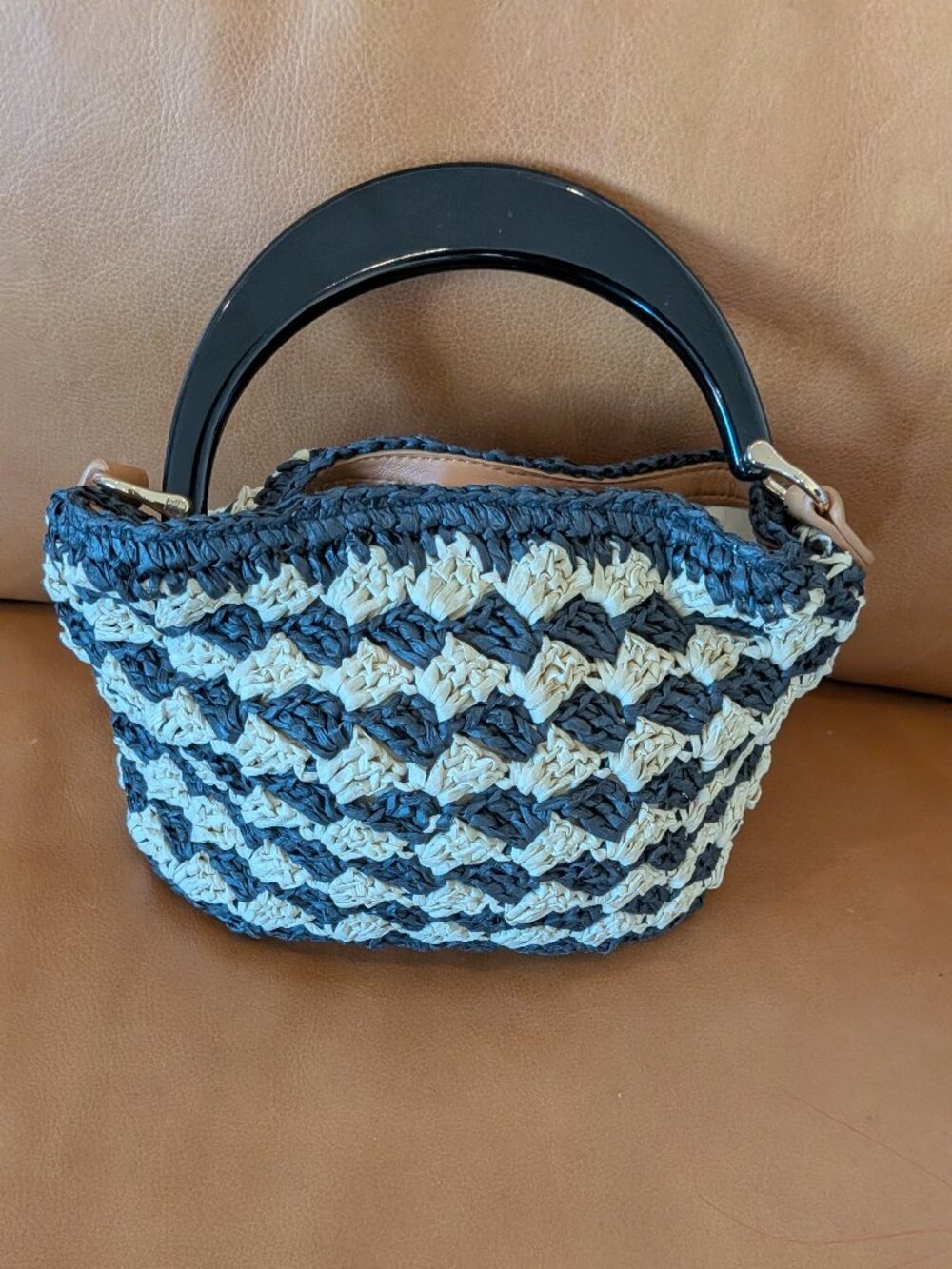 A New Day Black Cream Woven Raffia Mini Top Handle Handbag